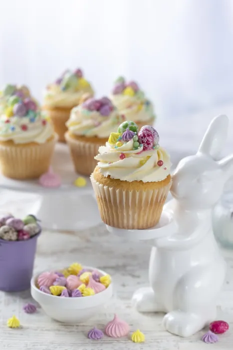 Framed Print : Food, Beautiful festive Easter cupcakes decorated with colorful sprinkles end candy eggs