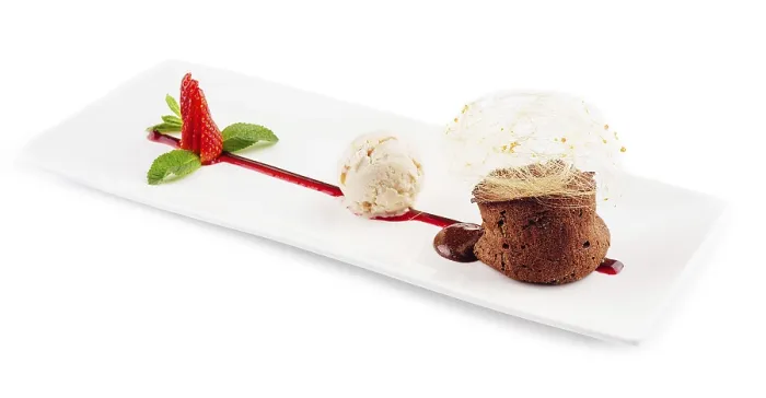 Framed Print : Food, Chocolate volcano with vanilla ice cream and strawberry