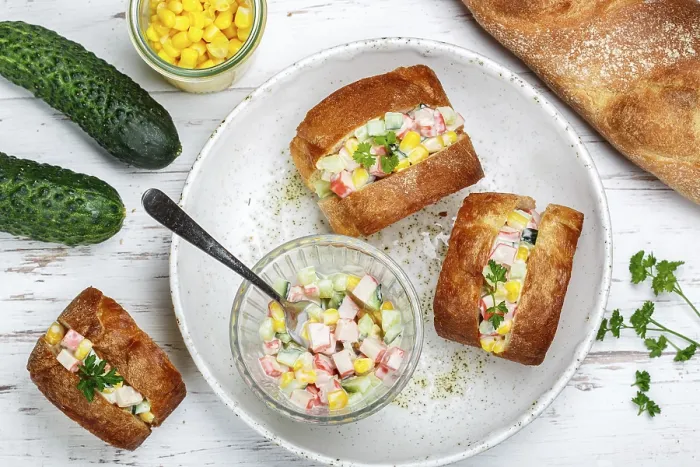 Framed Print : Food, Delicatessen mini baguette sandwiches with crab salad (shrimp) with fresh cucumber