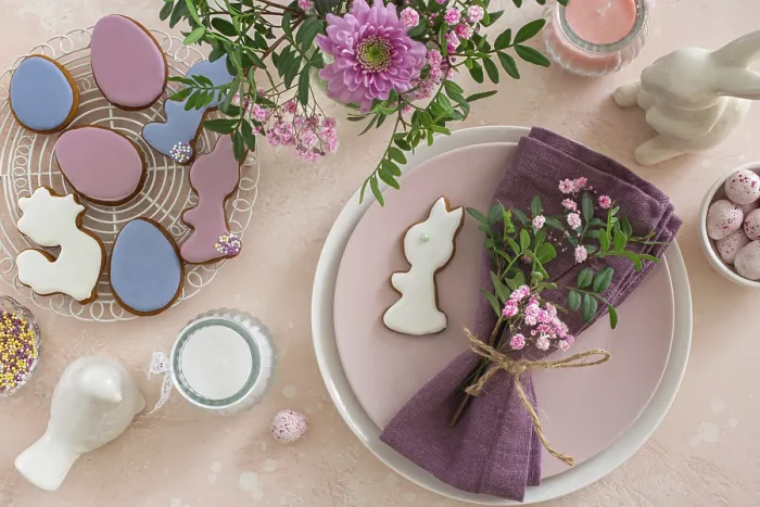 Framed Print : Food, Easter table setting with flowers and icing cookies