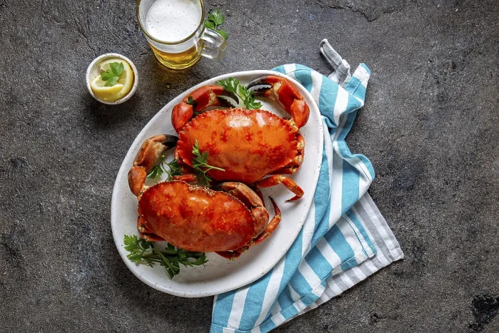 Framed Print : Food, Food, Whole cooked crabs on white plate with lemon and beer