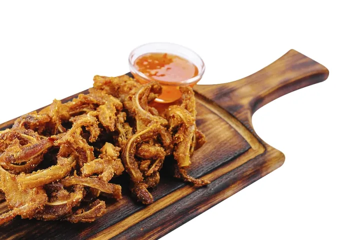 Framed Print : Food, Fried pork ears served on wooden board