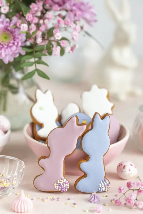 Framed Print : Food, Funny bunny cookies decorated with royal icing and colirful sprinkles