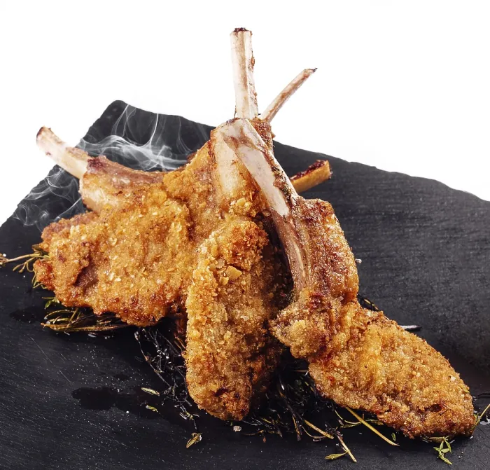Framed Print : Food, Roasted pork ribs, garnished with onion chips and mashed potatoes