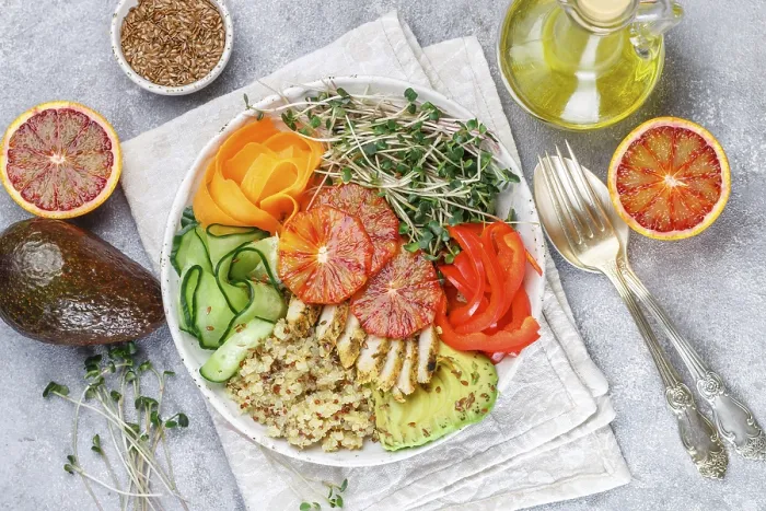 Framed Print : Food, Salad Mix. Healthy lunch with grilled chicken