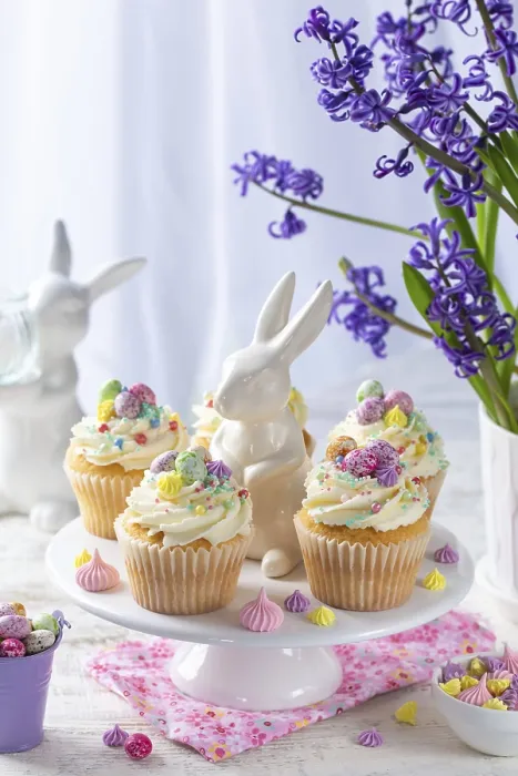 Framed Print : Food, Sweet and tasty Easter cupcakes decorated with colorful sprinkles end candy eggs