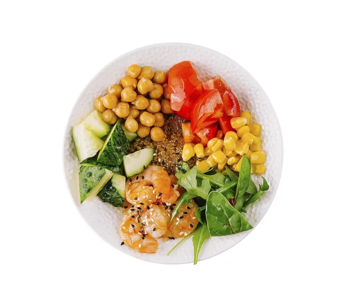 Framed Print : Food, Top view of a colorful and nutritious vegan buddha bowl isolated on a white background