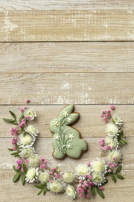 Framed Print : Food, Wooden background with easter bunny cookies and flowers Framed Print : Food, Wooden background with easter bunny cookies and flowers