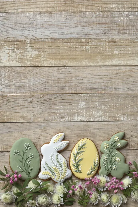 Framed Print : Food, Wooden background with easter icing cookies and flowers