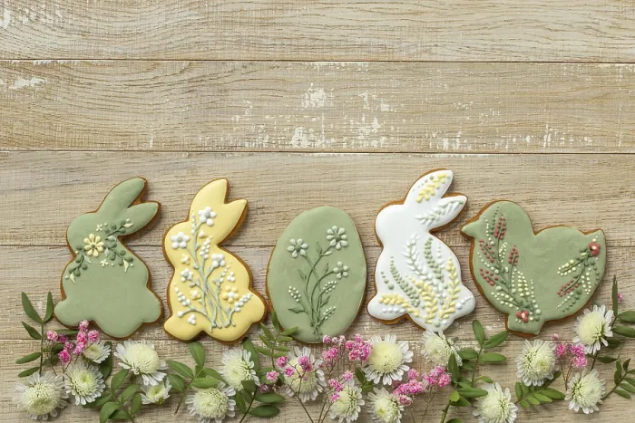 Framed Print : Food, Wooden background with easter icing cookies and flowers