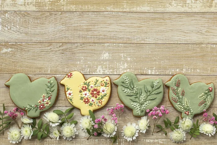Framed Print : Food, Wooden background with easter icing cookies and flowers