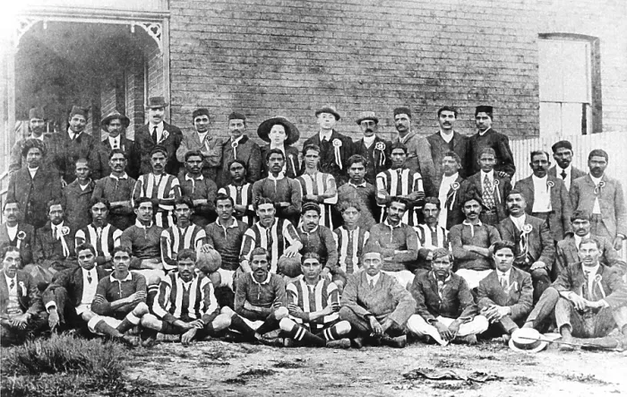 Framed Print : A football team of passive resisters in South Africa, 1913. Back row sixth from left: Gandhi and his secretary, Miss Sonia Schlesin