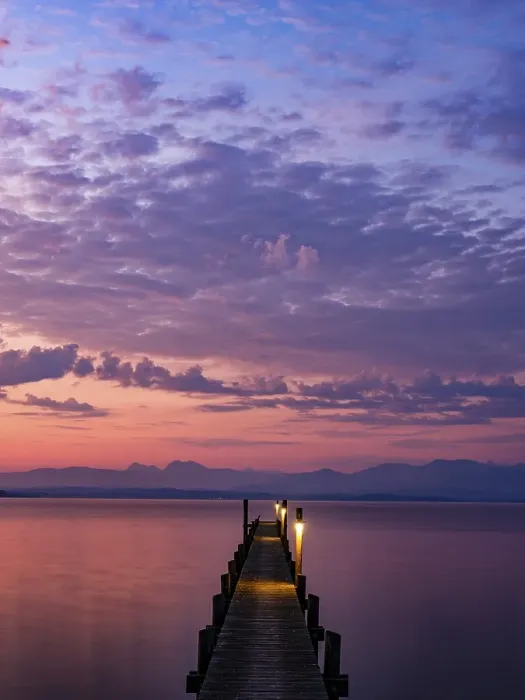 Framed Print : Footbridge on Lake Chiemsee at dawn