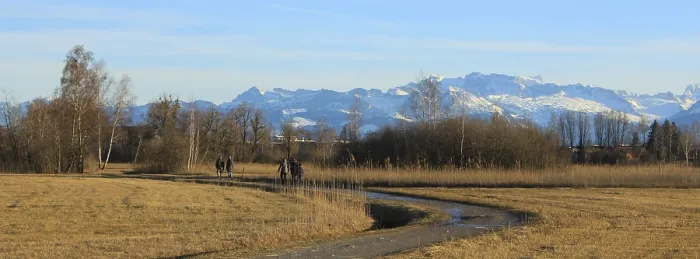 Framed Print : Footpath in Wetzikon and snow covered mountain range