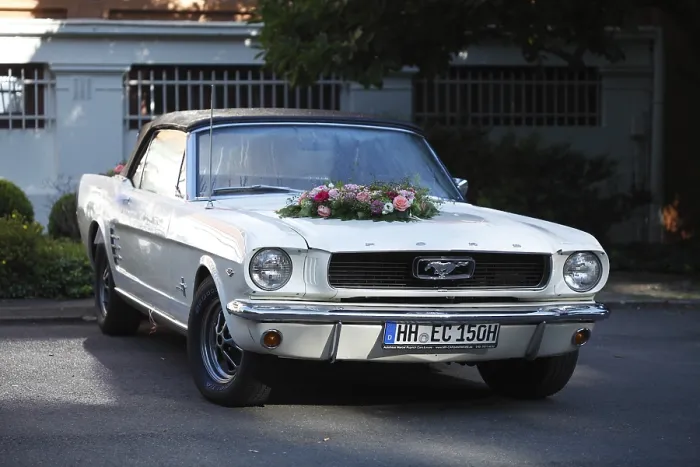 Framed Print : Ford Mustang, wedding car decorated with roses Framed Print : Ford Mustang, wedding car decorated with roses