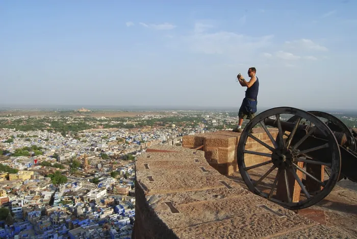 Framed Print : A foreign tourist on the ramp of mehrangarh fort