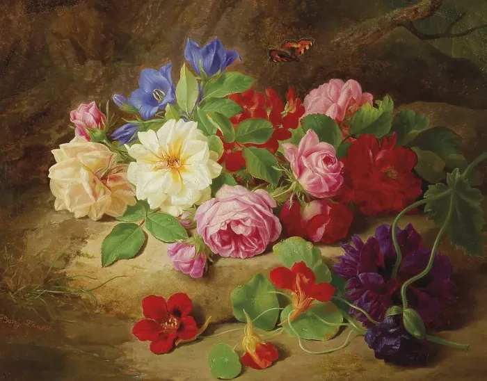 Framed Print : Forest floor with roses and a butterfly Framed Print : Forest floor with roses and a butterfly