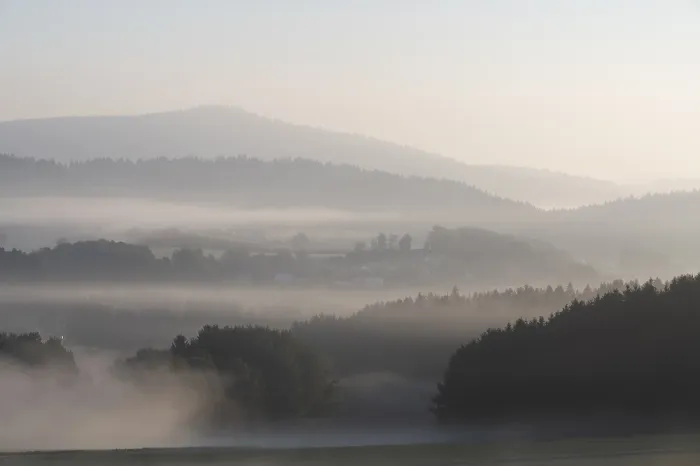 Framed Print : Forest and mountains with morning mist Framed Print : Forest and mountains with morning mist