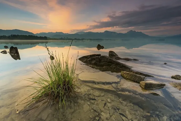 Framed Print : Forggensee with reflection of the cloudy sky and the Allgaeuer mountains in the background at sunrise Framed Print : Forggensee with reflection of the cloudy sky and the Allgaeuer mountains in the background at sunrise