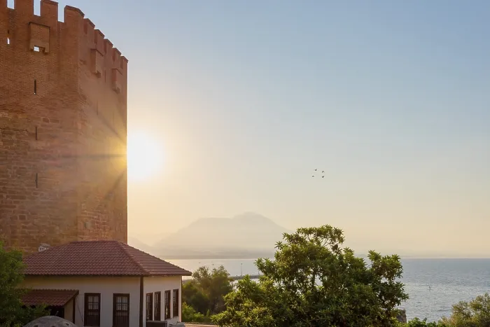 Framed Print : Fortress wall on a mountain overlooking the sea in Alanya at sunrise