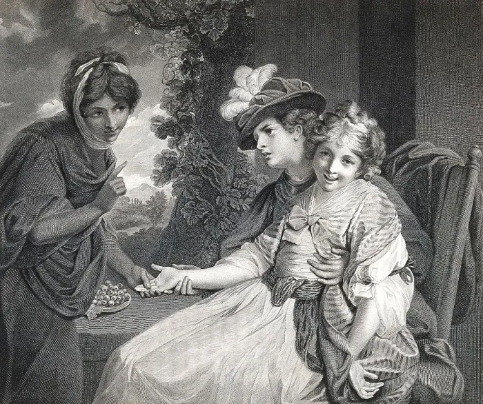 Framed Print : A fortune teller reads the hand of a woman with a little girl on her lap