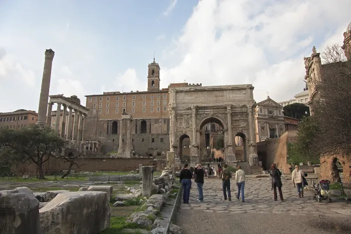 Framed Print : Forum Romanum with Titus arch, columns of the Saturn temple and the Capitol