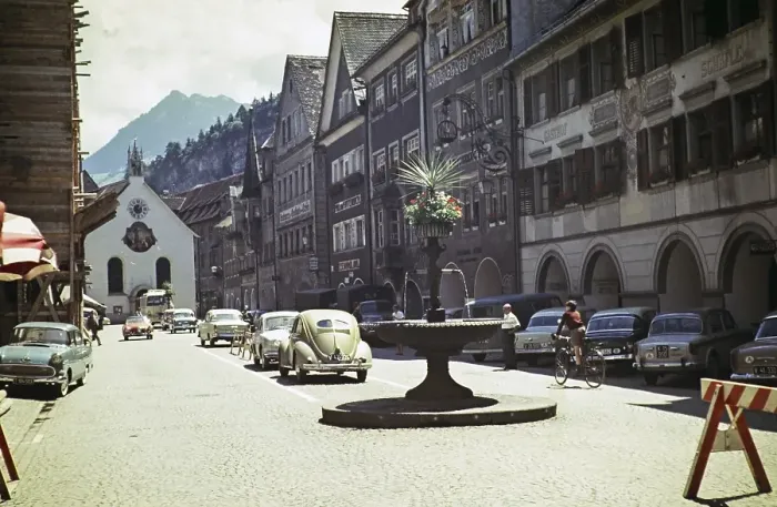 Framed Print : Fountain in the historic old town street, Feldkirch, Vorarlberg, Austria, Europe 1960, Europe