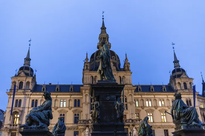 Framed Print : Fountain with monument to Archduke Johann on the main square