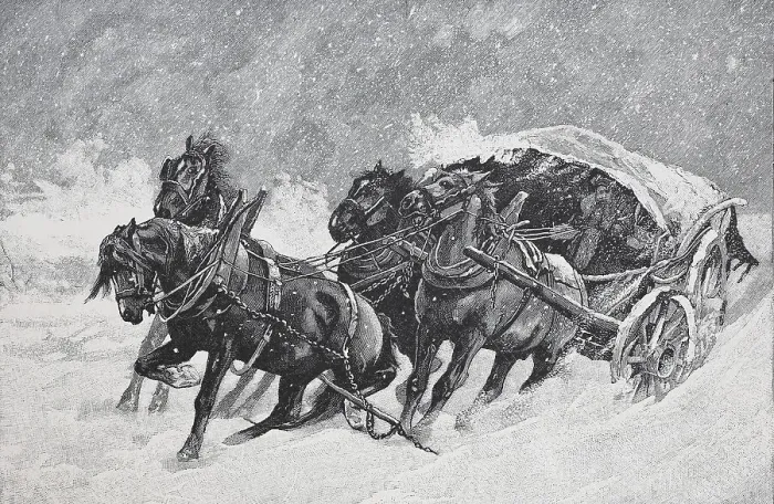 Framed Print : Four-horse carriage got stuck in the snow Framed Print : Four-horse carriage got stuck in the snow