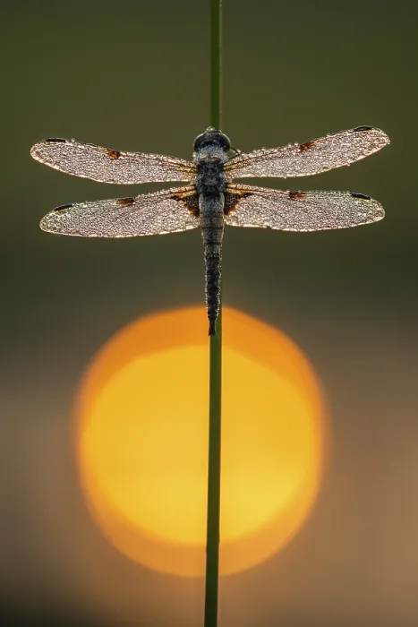 Framed Print : Four-spotted dragonfly (Libellula quadrimaculata) in the morning dew in the moor Framed Print : Four-spotted dragonfly (Libellula quadrimaculata) in the morning dew in the moor