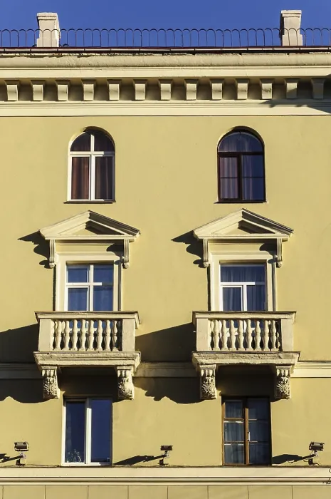 Framed Print : Fragment of old building with two balconies (Stalin's empire) in Minsk