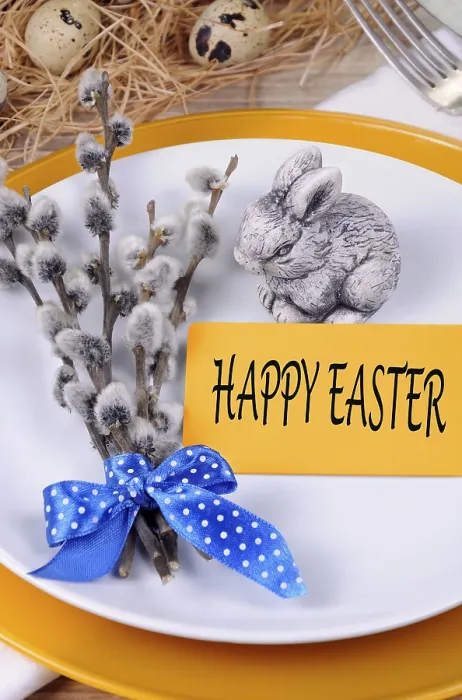 Framed Print : Fragment table setting willow branches Easter theme