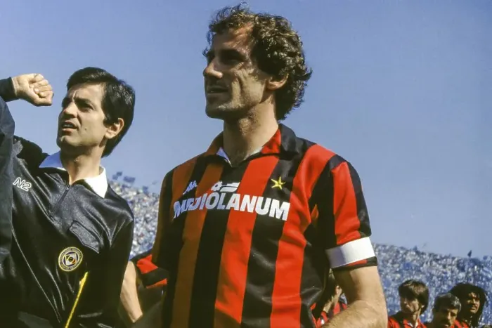 Framed Print : Franco BARESI (AC Milan) r. and the linesman of the match in front of the whistle