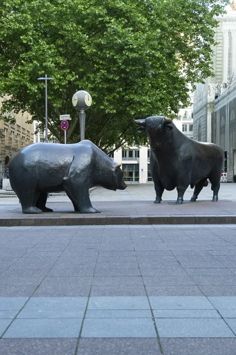 Framed Print : FRANKFURT, GERMANY - JUNE 12, 2025: Bear and Bull Sculpture near Frankfurt Stock Exchange on Summer Morning Framed Print : FRANKFURT, GERMANY - JUNE 12, 2025: Bear and Bull Sculpture near Frankfurt Stock Exchange on Summer Morning