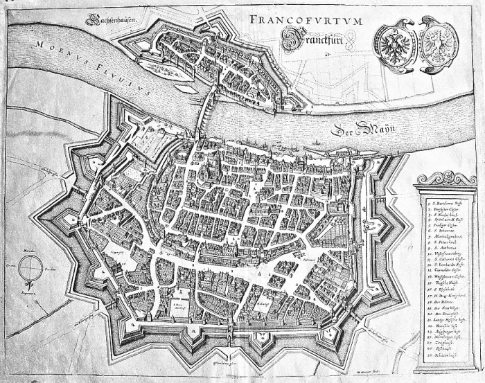 Framed Print : Frankfurt am Main, Frankfurt, Hesse, Germany, historical, historical quarter, topography, engraving, copper engraving, steel engraving, city, urban, map, map, illustration, depiction, drawing, drawn, Europe