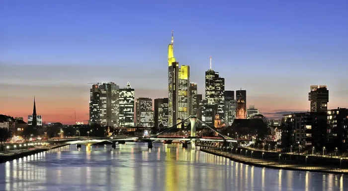 Framed Print : Frankfurt skyline seen from the east with Floesserbruecke bridge Framed Print : Frankfurt skyline seen from the east with Floesserbruecke bridge