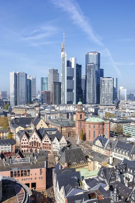 Framed Print : Frankfurt skyline skyscrapers in the city centre with Roemer from above in Frankfurt Framed Print : Frankfurt skyline skyscrapers in the city centre with Roemer from above in Frankfurt