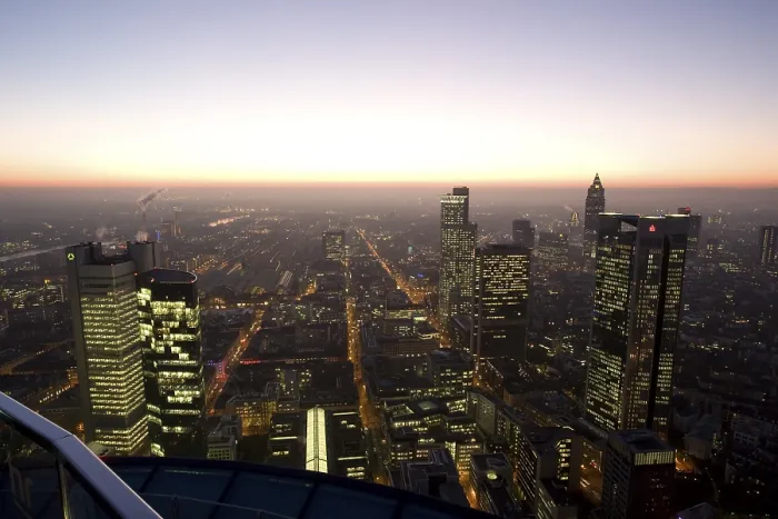 Framed Print : Frankfurt skyline, skyscrapers at dusk