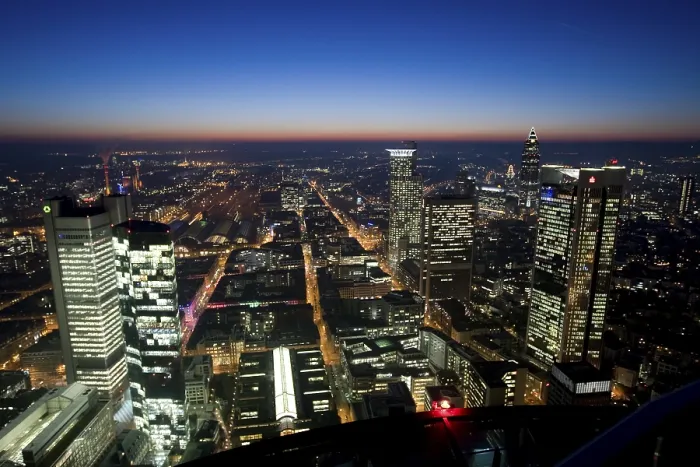 Framed Print : Frankfurt skyline, skyscrapers at night