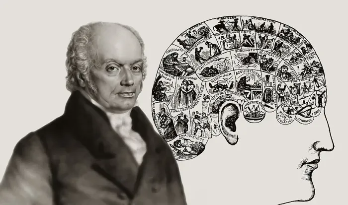 Framed Print : Franz Joseph Gall, 1758-1828, German neuroanatomist and physiologist with a Phrenological Chart
