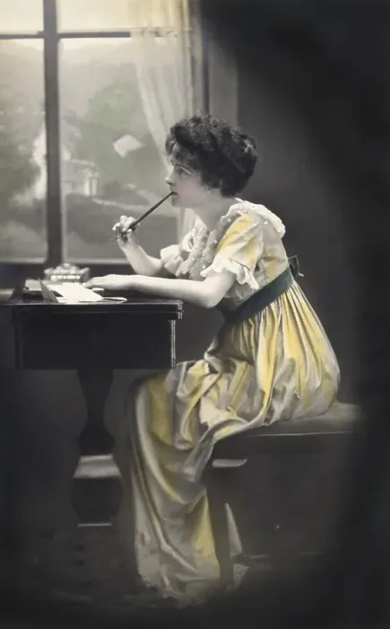 Framed Print : Frau thinks and writes a letter