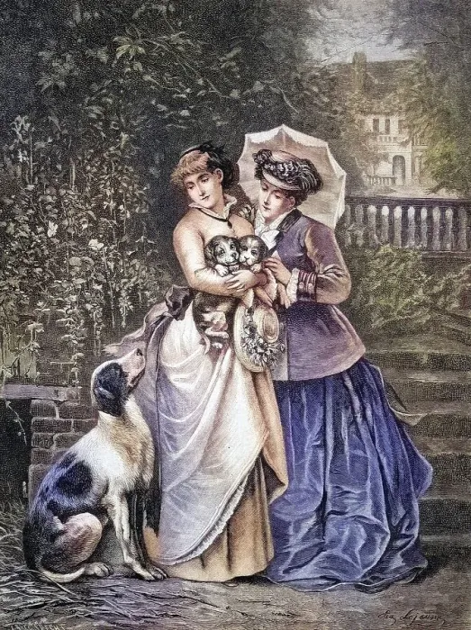 Framed Print : Frauen mit Hundewelpen, die Frauen haben die Welpen im Arm und die Hundemutter beobachtet die Szene skeptisch Framed Print : Frauen mit Hundewelpen, die Frauen haben die Welpen im Arm und die Hundemutter beobachtet die Szene skeptisch