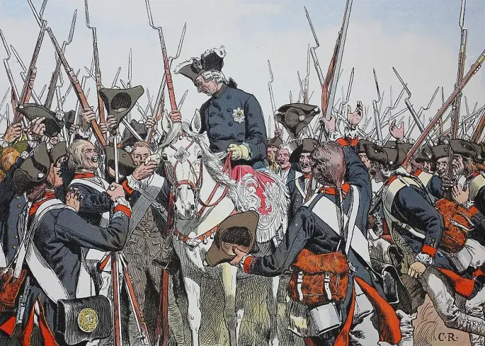 Framed Print : Frederick the Great, Frederick II 1712-1786 is received in the Wernburg Regiment