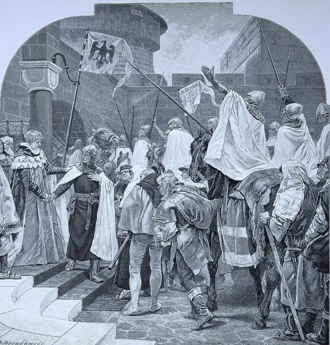 Framed Print : Frederick II being seen off by the Knights of the Teutonic Order in Marburg