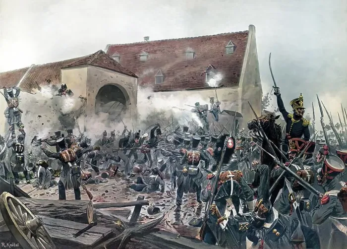 Framed Print : The French attacking a farm near La Haye-Sainte held by Anglo-German troops