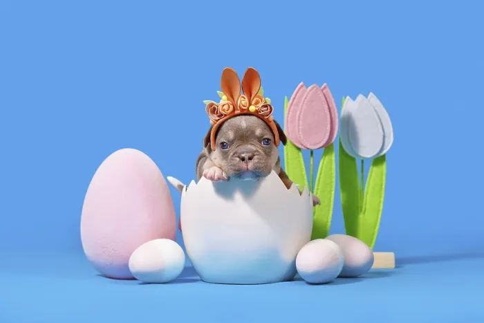 Framed Print : French Bulldog dog puppy with Easter bunny ears sitting in egg shell on blue background Framed Print : French Bulldog dog puppy with Easter bunny ears sitting in egg shell on blue background