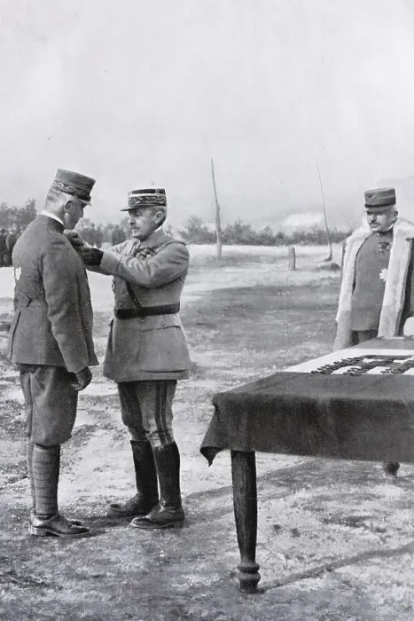 Framed Print : French general Nivelle decorating the Duke of Aosta during a visit to the Italian front Line Framed Print : French general Nivelle decorating the Duke of Aosta during a visit to the Italian front Line