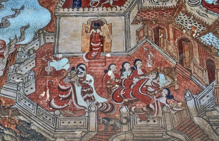 Framed Print : Fresco depicting Burmese ladies in a house