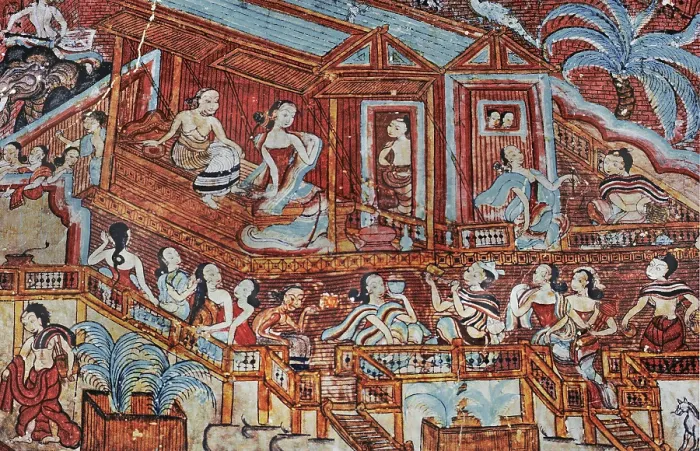 Framed Print : Fresco depicting Burmese ladies in a house
