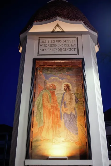 Framed Print : Fresco, Jesus appears to the disciples, wayside shrine with biblical quotation, night shot, Trofaiach, Styria, Austria, Europe